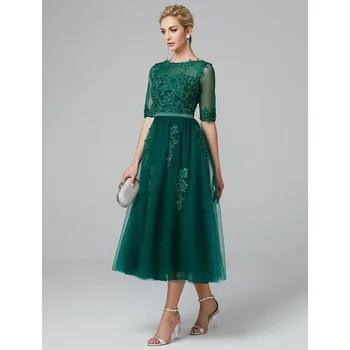 Маслинено-зелена рокля с дължина до чай за майката на булката с половинными ръкави за сватбеното парти, рокля за гости, официални вечерни рокли