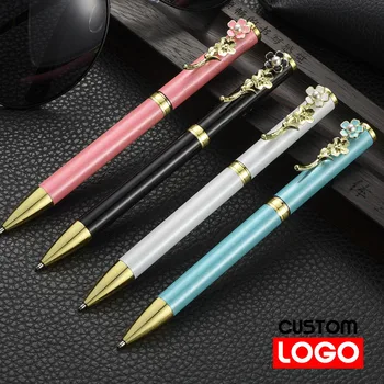 Метална дръжка с перлата на цвете, химикалка химикалка, подарък писалка, химикалка за подпис, индивидуален лого, текст гравиране, четири цвята, по желание