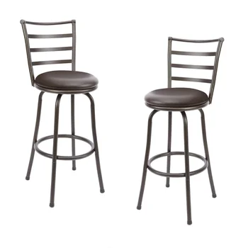 Метални и кожени въртящи се на бар столове с регулируема височина, стелажи, комплект от 2 части, кафяв