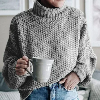 Модерен женски пуловер, пуловер, есен-зима, вязаный свободен топ, дамски пуловери с високо воротом, ежедневни многоцветни възли скок