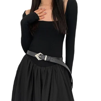Модерен Индивидуален черен колан за жени, прост дизайнерски колан с триъгълна метална катарама, колан на кръста, женствена рокля, панталони, декор, колан