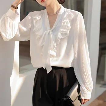 Модерни елегантни бели ризи с лък, дамски пролетни нови шифоновые блузи с дълъг ръкав и V-образно деколте с набори и ръкави-фенерчета
