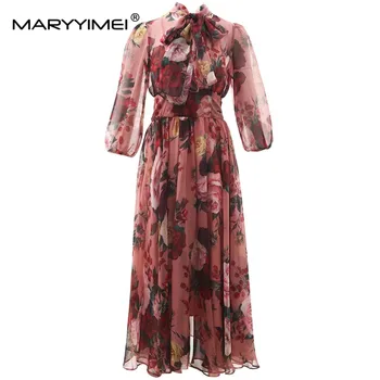 Модерно дизайнерско рокля MARYYIMEI, пролетта и лятото-секси розова рокля с яка на врата-папийонка и флорални принтом, елегантни рокли шифоновые