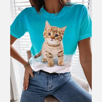 Модни дамски тениски, летни дрехи оверсайз с къс ръкав, тениска с изображение на котка и животни, дамски блузи оверсайз с кръгло деколте
