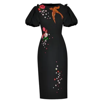 Модни подиумные летни дамски рокли с пищни ръкави, пищни цветя, бродерия с пайети, реколта черни вечерни рокли