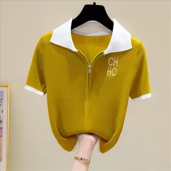 Модни свободна риза с бродерия с цип и букви дамски дрехи 2023 Летни нови ежедневни блузи с къс ръкав блуза корея