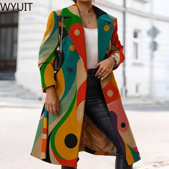 Модно вълна палто с принтом в ретро стил, елегантно палто със средна дължина, с отложным яка, блузи, ежедневни свободен жена с жилетка копчета, връхни дрехи
