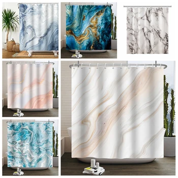 Мраморна завеса за баня, абстрактна модерна луксозна душ завеса за душ, водоустойчив тъканно завеса за душ, завеси за баня с куки, 180 x 200