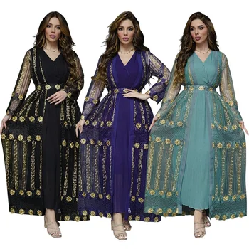 Муслиновое дълга рокля в Дубай, ново вышитое сетчатое рокля с шифоновой пола-майкой, рокля-кафтан с V-образно деколте, турското мароканско рокля
