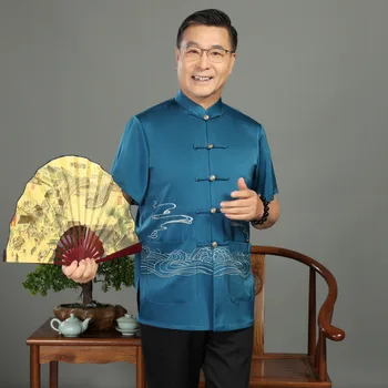 Мъжки костюм в стил Тан средна и напреднала възраст в китайски стил, лятна тънък бродирана топ с къс ръкав Xiangyun