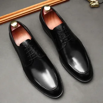 Мъжки модел обувки, класически оксфордские обувки с дантела, мъжки луксозни сватбени обувки от естествена кожа ръчно изработени, бизнес дизайнерски обувки