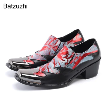 Мъжки обувки Batzuzhi на висок ток 6,5 см, Черни модела обувки от естествена кожа, Мъжки модни вечерни и булчински обувки със стоманени пръсти, за мъже! 38-46
