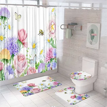Набор от завеса за душ с цветен модел на пеперудите и пчелите, акварелни завеси за баня с флорални растение, нескользящий подложка за вана, подложка за седалката на тоалетната чиния