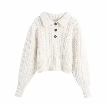 Нова популярен есенно-зимния женски вязаный пуловер с дълги ръкави-котлони, копчетата с кристали, топло сгъсти съкратен пуловер, потник, дамски