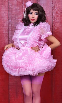 Ново запирающееся рокля за момиченце, розово, синьо, от сатен органза, с кружевными пищните ръкави до средата на шията, с пояс, престилка за камериерка, индивидуален чар на Хелоуин