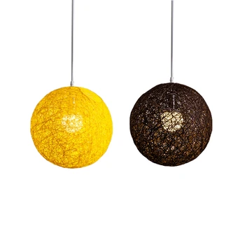 Новост-2X кофейно-жълт полилей от бамбук, ратан и канабис с топки, индивидуален творчески сферична лампа от ратан под формата на гнезда