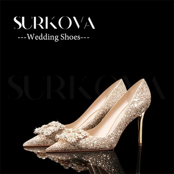Обувки с декорация във формата на кристали Surkova/Новост 2023 г., дамски обувки-лодка на висок ток-висок ток с кристали и квадратна катарама, златни/сребърни луксозни сватбени обувки