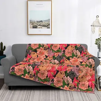 Одеяло с цветен модел за мопсчетата, мек вълнен плат текстилен интериор, преносими топли одеяла за кучета, спално бельо, офис одеяло