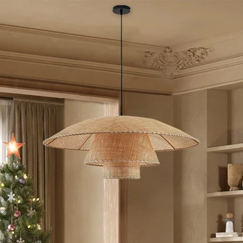 Окачен лампа от ламинирано ратан в ориенталски стил, ретро-ръчно изработени, безшумен вятърна лампа за дневна, спалня, трапезария, настолна полилей