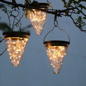 Окачен фенер в слънчева батерия, гирлянда от медна тел, страхотна светлинен конус, окачена лампа за празнични партита, сватбена украса на градината