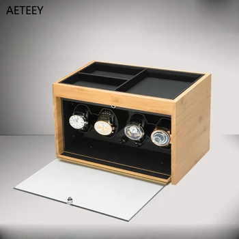 Оригиналната бамбук кутия за навиване часа, 4 слота за автоматични часовници, горна верига, място за ключове, аксесоари за подробности, новата настройка, калъф за Мада