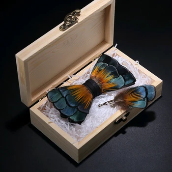 Оригиналната дървена кутия JEMYGINS, жълто, синьо, зелено перо, набор от брошки за вратовръзка-пеперуди, ръчно изработени, висококачествени папийонка за лек мъжки костюм