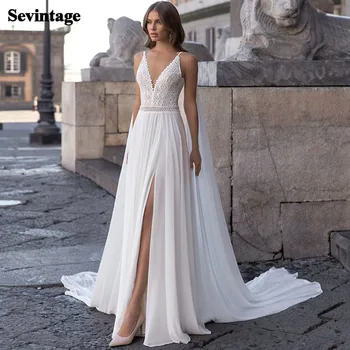 Очарователно сватбена рокля Sevintage с шал, сексуална богемное дантелено на булката рокля с висока цепка, шифоновое плажна сватбена рокля на принцеса