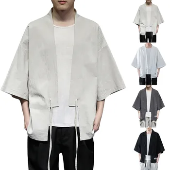 Памучни жилетки в китайски стил за мъже, летните прохладни свободни ръкави 3/4 с фино слънцезащитно палто от ледената коприна, двойка 2023 новост