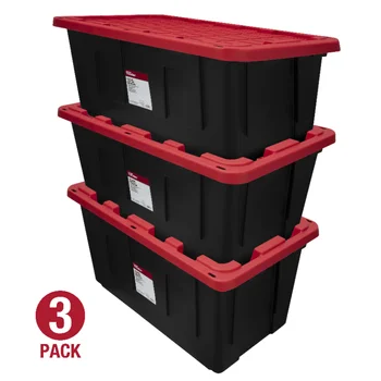Пластмасов контейнер за съхранение с защелкивающейся капак на 40 литра, черно с червен капак, комплект от 3 кутии-организаторите за съхранение