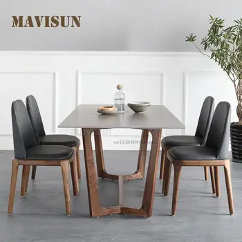 Правоъгълна маса за хранене за 6 места с дървени крака и бели мраморни плотове, семейно комбинация от бюрото и стола в модерен минималистичен стил