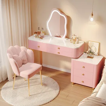 Принцеса Pink Тоалетка Органайзер За Тоалетна Масичка Луксозен Скандинавски Тоалетка С Led Подсветка Kawaii Tocador Maquillaje Мебели За Спалня