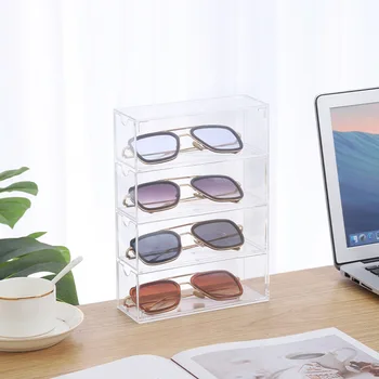Прозрачен калъф за слънчеви очила Кутия за съхранение с 4 разделени чекмеджета за вашия десктоп на дисплея Организатор на Притежателя Използва в хоризонтално или вертикално