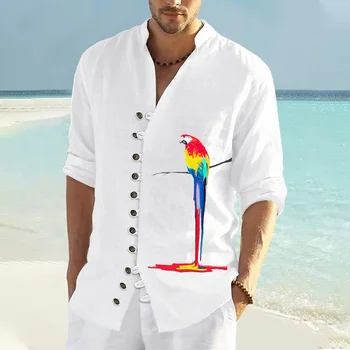 Пролет-есен памучен риза с дълги ръкави, модерен топ с висока яка с 3D принтом папагал, жилетка за партита за всеки ден