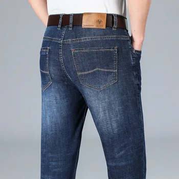Пролетно-летни мъжки дънки Regular Fit, класически стил, бизнес ежедневни памучни панталони повишена еластичност, дънкови панталони, маркови прави панталони