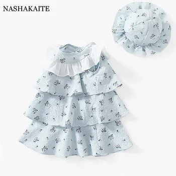 Пролетно-лятна рокля за момиченца, синя рокля за торта с цветя принтом, на малка принцеса рокля без ръкави + шапка, комплект детски дрехи от 100% памук