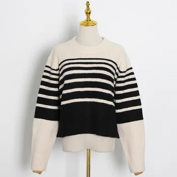 Пуловер с кръгло деколте, елегантен пуловер на райета, просто стил, без пуловер, вязаный пуловер, модерен пролетен нов стил