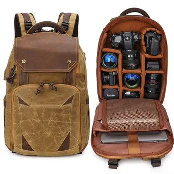 Реколта вощеные холщовые чанти за фотоапарати раница за огледално-рефлексен фотоапарат водоустойчив противоударная дишаща чанта за снимки за Nikon, Canon, Sony чанта за лаптоп