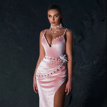 Розови вечерни рокли от мек велур с висока цепка, Русалка, хубава, лъскава недоволство кристали, абитуриентски рокли за бала