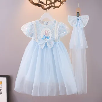 Рокля на принцеса Елза с хубав лък за момичета от 4 до 7 години, рожден ден, къс ръкав, костюм Frozen, детско рокля за бала, Vestidos