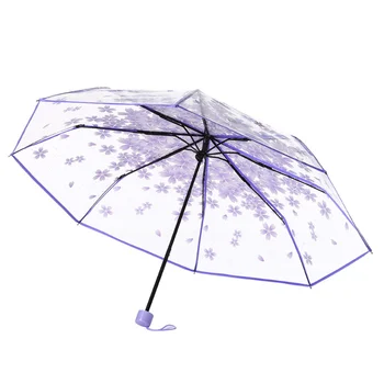 Ръчно женски чадър с прозрачни цветове, слънцезащитен чадър със защита от ултравиолетови лъчи, цъфтеж череша, 3 сгъваем чадър, дъждобран, чадър