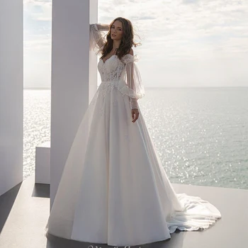 Сватбена рокля в стил бохо от тюл с открити рамене 2022, подвижни сватбени рокли с дълги буйни ръкави, облекло за сватбеното парти с дантелен аппликацией