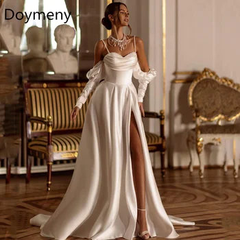 Сватбени рокли Doymeny трапецовидна форма със сърце и бретельками-спагети, сатен, без ръкави, с отворен гръб, с дължина до пода, прости