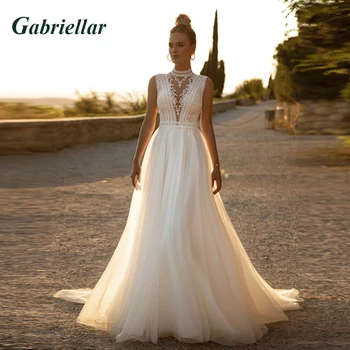 Сватбени рокли Gabriellar в бохемски стил с кръгло деколте и апликации, сватбена рокля, трапецовидна форма, без ръкави, Vestido De Noiva, изпълнени по поръчка