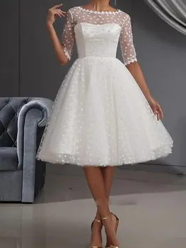 Сватбени рокли трапецовидна форма с дължина до коляното, дантела тюл на точки с къс ръкав, винтажное малка бяла рокля на булката 1950-те години, сватбена рокля