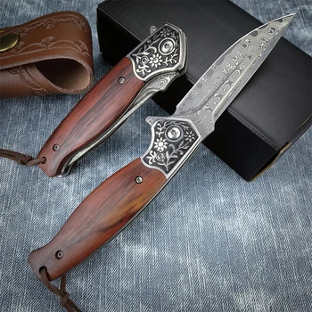 Сгъваем нож ЕРП от дамасской стомана, ръчно изработени, дървена дръжка с изискани кожени ножнами, туристически ловни колекционерски ножове