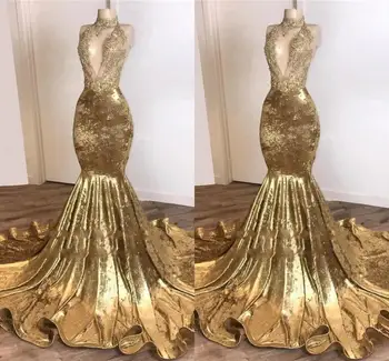 Секси абитуриентски рокли със златни пайети Русалка, вечерна рокля в африканския стил с високо воротом и отворен гръб, евтини вечерна рокля robe de soriee