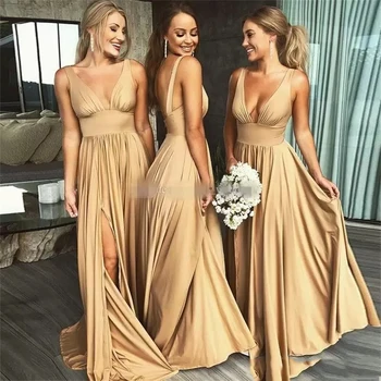 Секси рокли на шаферките, обикновена сватбени рокли за партита, дълбоко V-образно деколте, открита на въртене, с дължина до пода, сатен с цепка, изработена по поръчка 2023