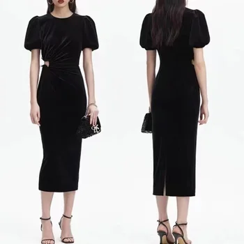 Секси черна рокля midi 2023, ново дълга рокля с къс ръкав и отворена талия, коварен