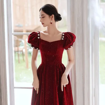 Си официална рокля за вечеря, абитуриентски, вечерни рокли с червено вино, сватбена бална рокля на принцеса с пищни ръкави и перли L0796
