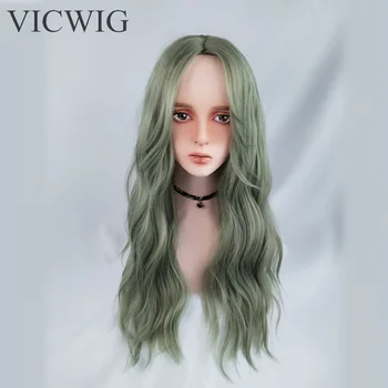 Синтетични перука VICWIG, разпределени по средата на огромни вълни, женски сиво-зелено кафява перука за cosplay